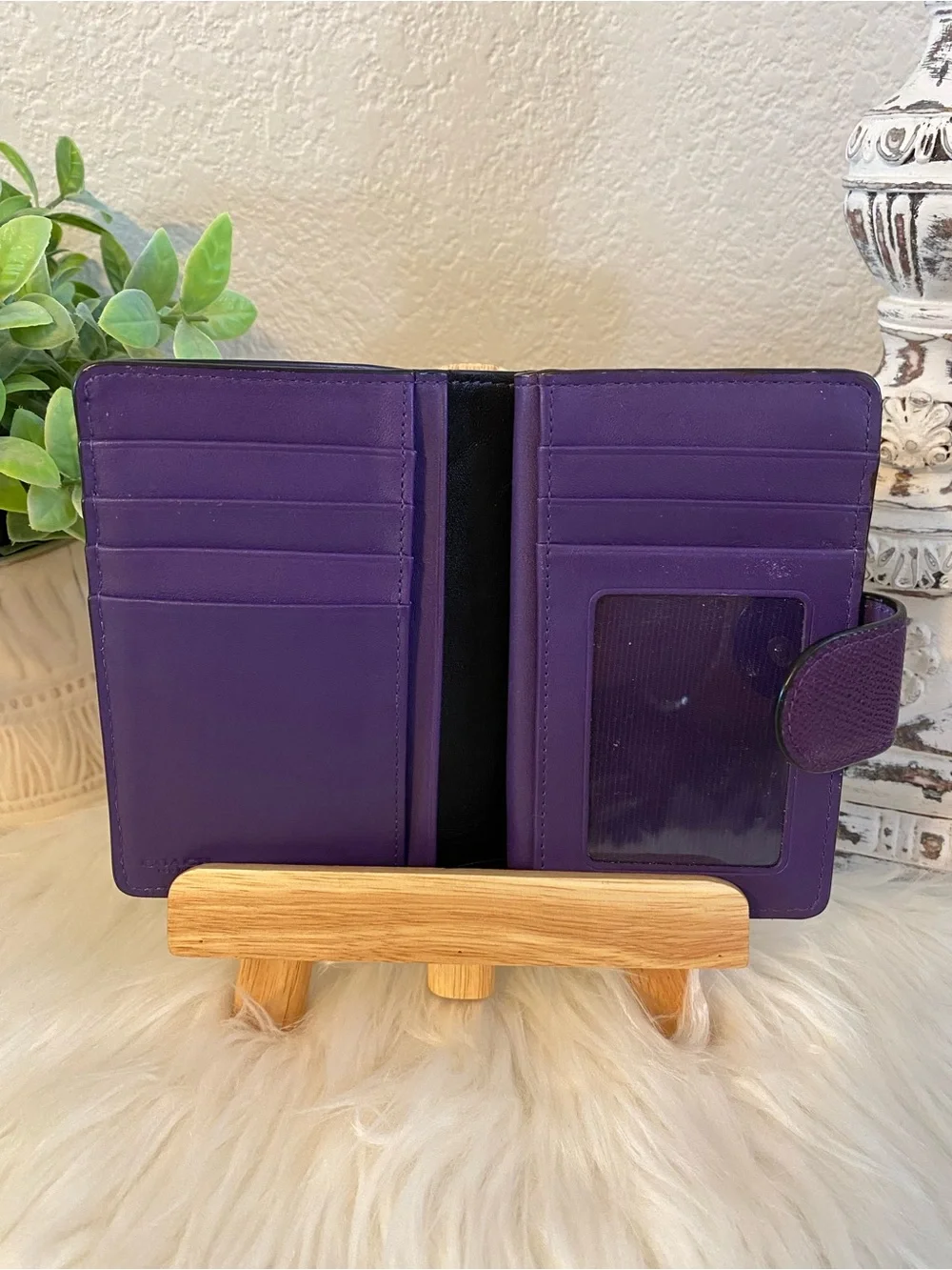 Coach Eggplant Purple Leather Snap-Closure Wallet with Gold Logo
